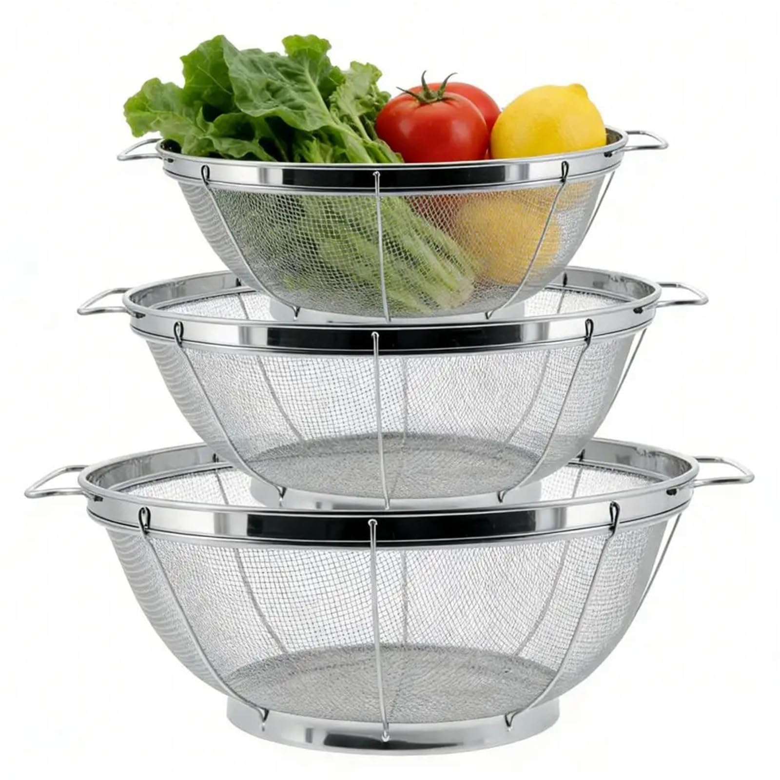 Colador de alimentos alta resistencia, colador malla fina acero inoxidable con doble asa, cesta coladora cocina for lavar frutas, 2 uds para Pasta Verduras y Frutas