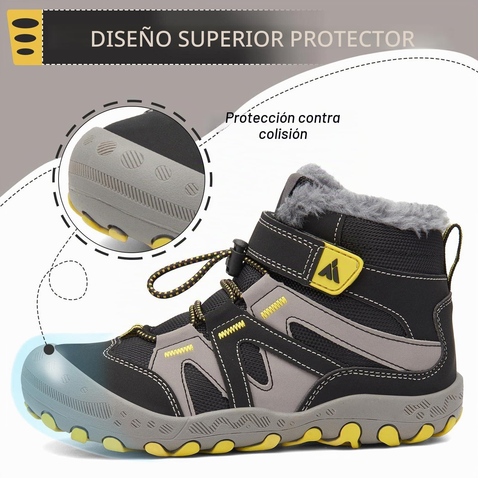 Mishansha Botas de Nieve Niño Botas Antideslizantes, Negroamarillento 28 | Forro cálido, cierre de autollenado, puntera reforzada, suela con dibujo, colegio, paseos, nieve