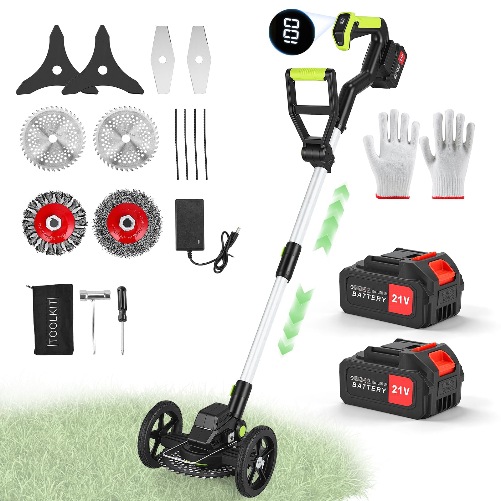 Cortacésped Inalámbrico Eléctrica 850W, Motor sin Escobillas, Recortadora de Borde con 2 Baterías 4.0Ah, 5 Accesorios + Ruedas, Cabeza Orientable 90°, Longitud Ajustable 110-140cm, Jardín y Terraza