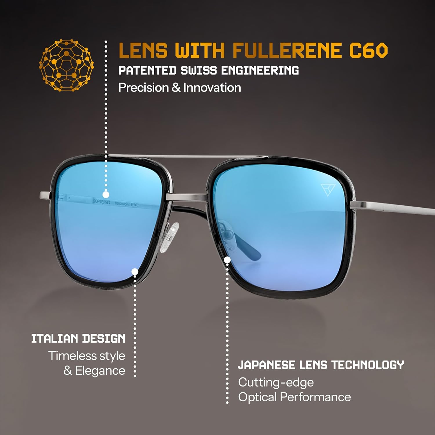 Hyperlight Aviator Black Fullerene C60 UV & bluelight daily shades for men. Unisex luxury sunglasses for women, designer sunglasses for men. Fashion branded harmonized white light eyeglasses w/case - Image 2