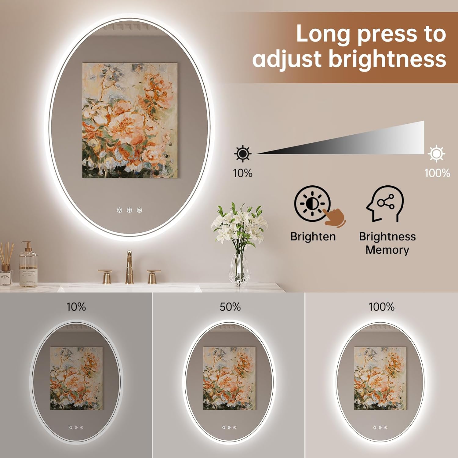 LED Bathroom Mirror with Lights 24 x 32'', Oval Led Mirror for Bathroom, Fogless, Dimmable, 3 Colors Changing, IP54, Shatterproof