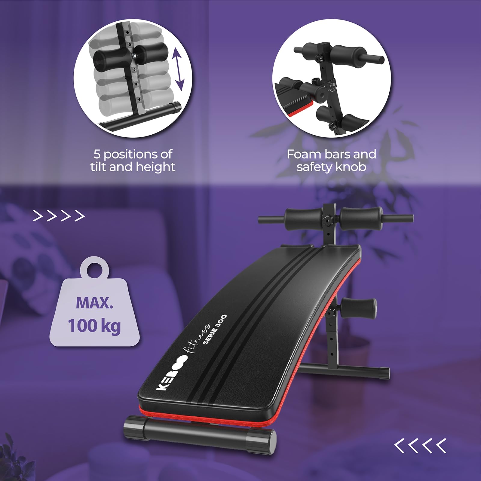 Keboo Pack Banco de Musculación Fitness Serie 300 145x47x70 cm y 6 Bandas Elásticas para Diferentes Niveles de Entrenamiento