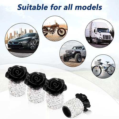 Miniatura 6 de Tapas de vástago de válvula con diamantes de imitación, 4 unidades, con diseño de flores rosas, universales, accesorios de automóvil, SUV,