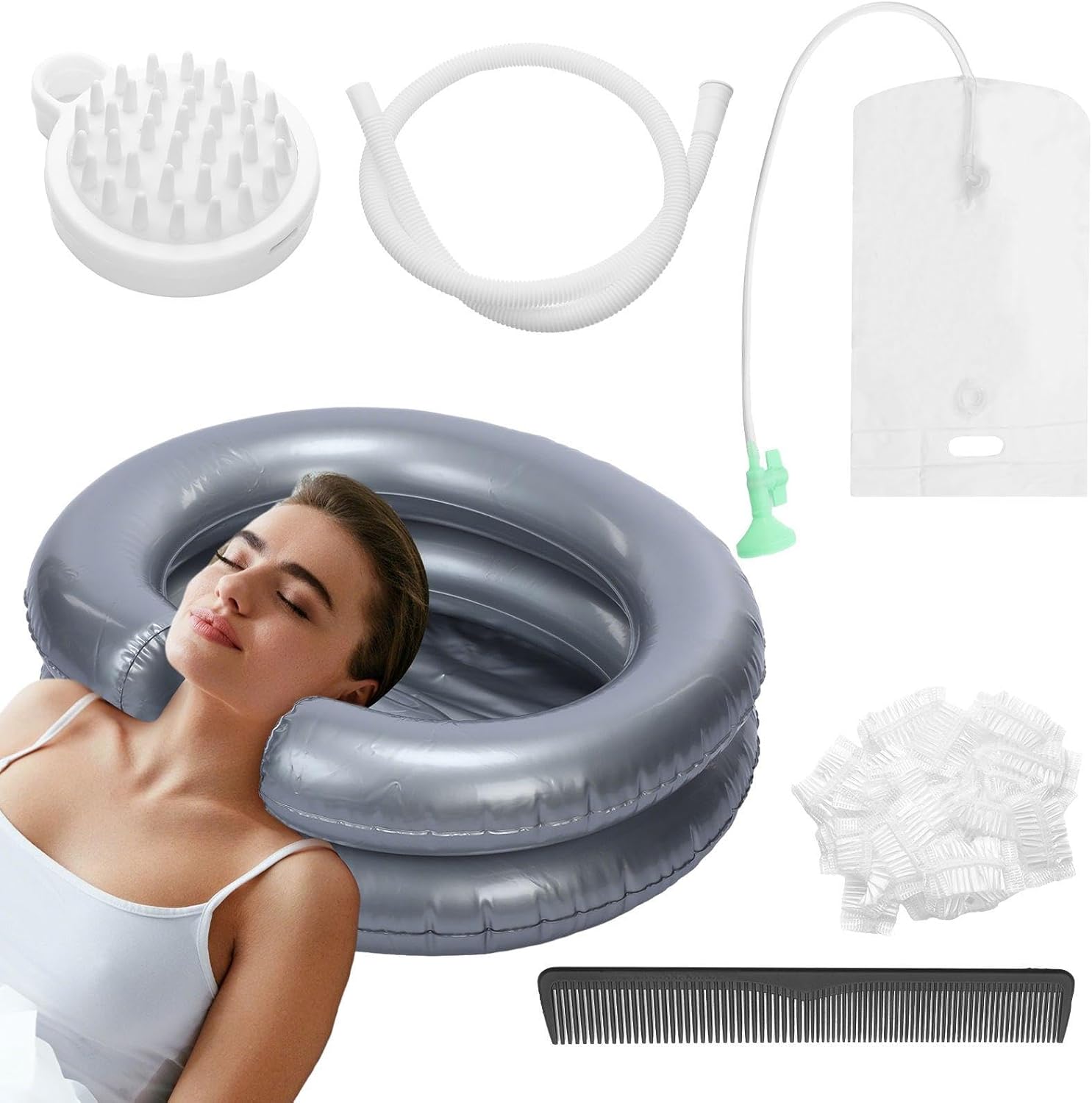 LemonRoad Inflatable Shampoo Basin Set with Inflatable Shampoo Basin Comb Disposable Ear Cover Hairbrush Shower Bag for Elderly Disabled Pregnant Injured Bedridden Handicapped Home Sink for Locs Detox