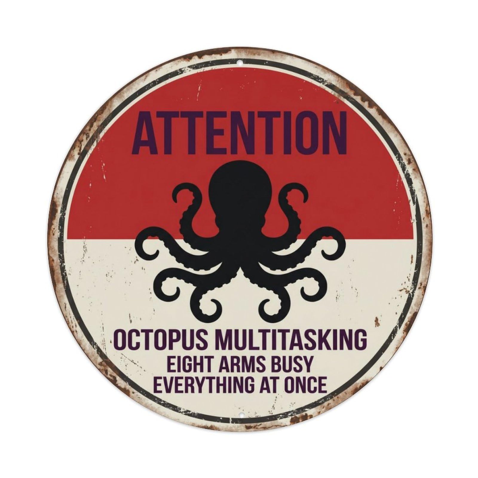 Fqcyn Style Moody Octopus Eight Tentacles Metal Tin Sign Plaque Wall Decor For Cafe, Club Bar, Office, Home Garden Round Metal Poster 8X8inch