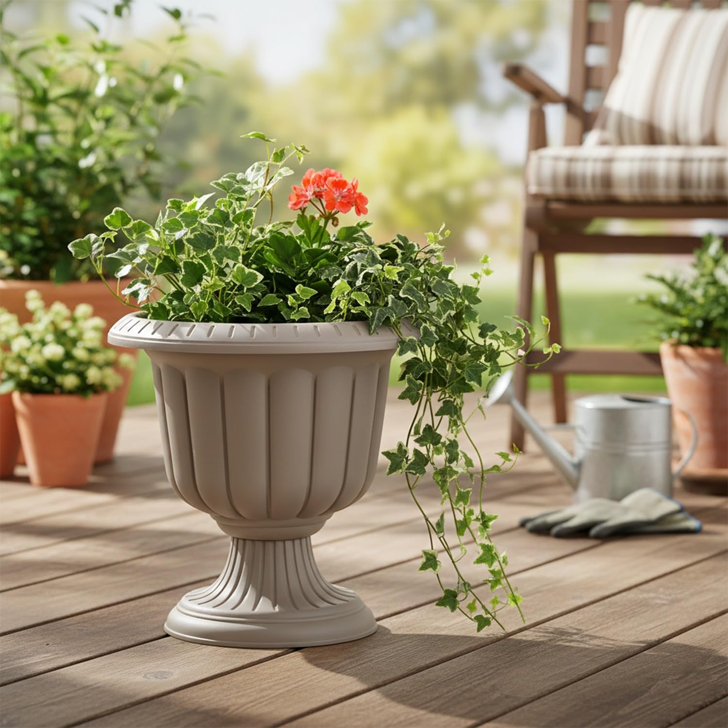 Jardinière taupe gracieuse sur pied - 60cm - 47L résistante aux UV - Pot à épices rond - Jardinière - Nergiz