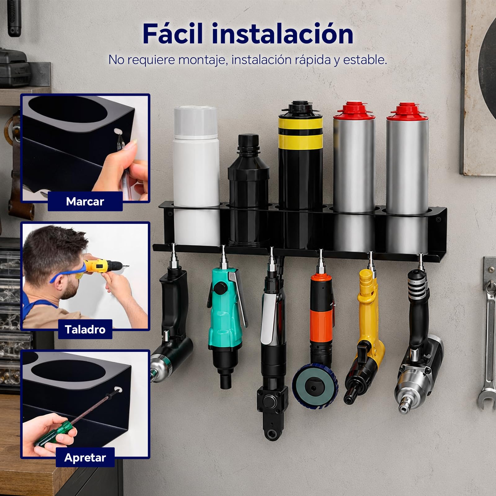Juego de 2 soportes para botellas de spray con 5 compartimentos y 6 ranuras, para garaje, taller y hogar