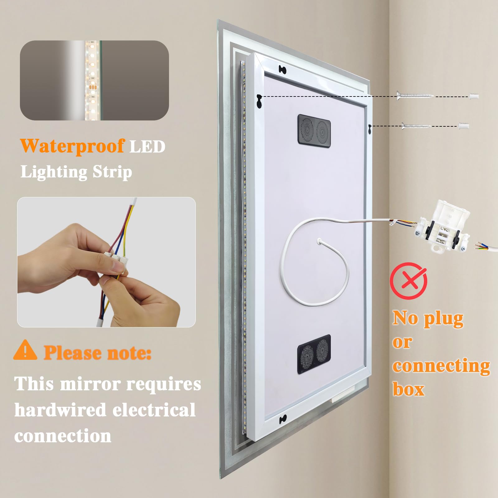 Specchio da bagno con luce a LED: 45 x 60 cm, illuminato a parete, Bluetooth, LED, con presa per rasoio, anti-appannamento, 3 colori, dimmerabile, funzione di memoria, specchio intelligente