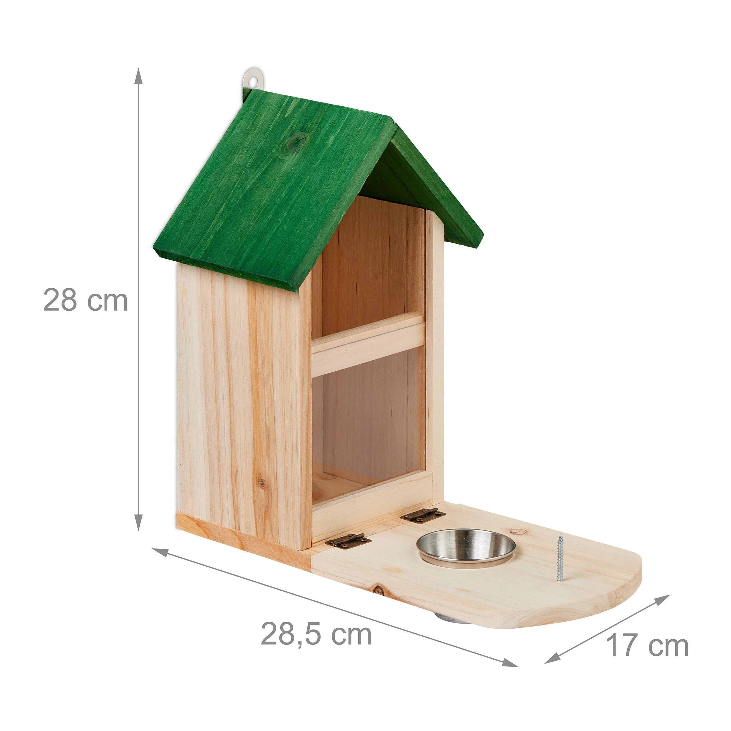 Relaxdays Mangiatoia per Scoiattoli, Casetta in Legno da Appendere, con Ciotola Acqua, HLP 28x17x28,5 cm, Naturale Verde
