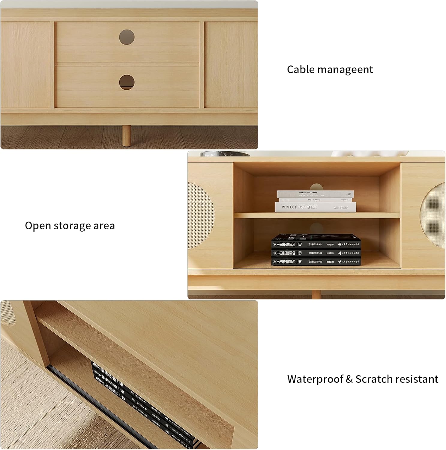 Close-up of the VOWNER TV Stand showing cable management holes, open storage, and highlighting its waterproof and scratch-resistant surface.