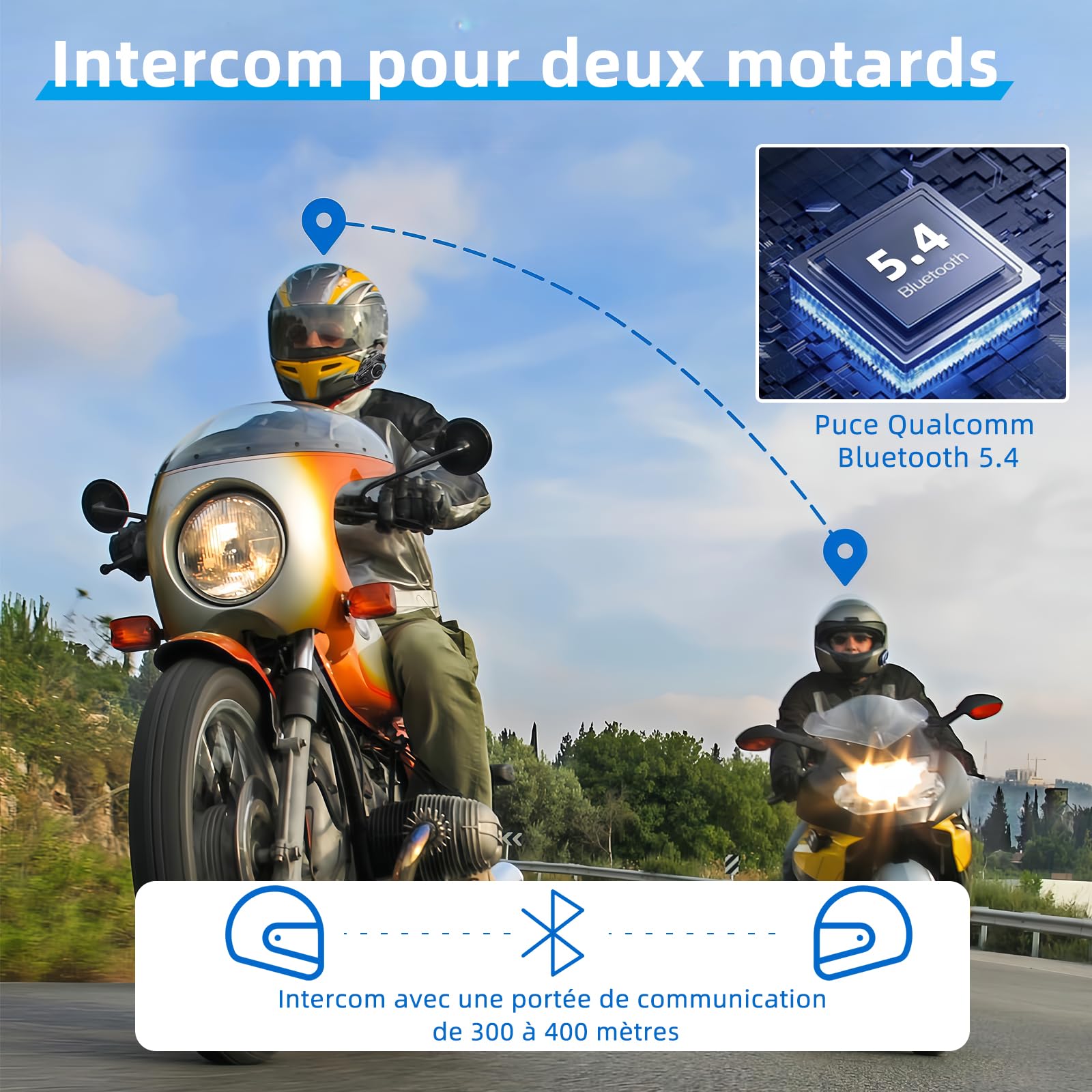 T2 Intercom Moto,Casque Moto Bluetooth Système de Communication 5.4, Suppression Bruit DSP&CVC/IP67 Étanche/Chaîne Hi-FI/Réponse Automatique Assistant/AI Intercom Casque (2pcs)