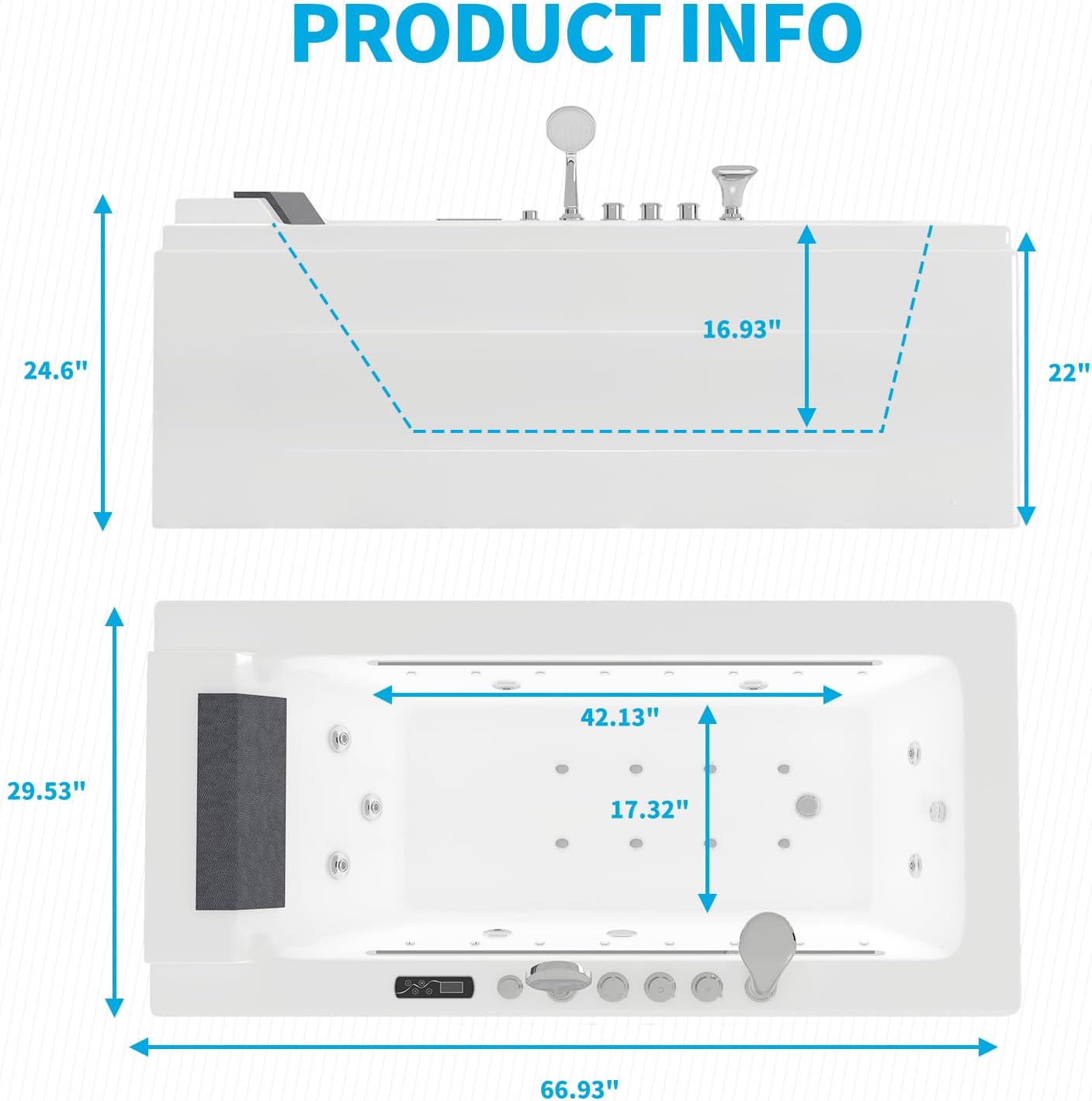 Whirlpool Bathtub, 67" Jetted Tub with Light, Hydro Massage, Spa Experience, White, Acrylic, Freestanding, Rectangular, Left Side