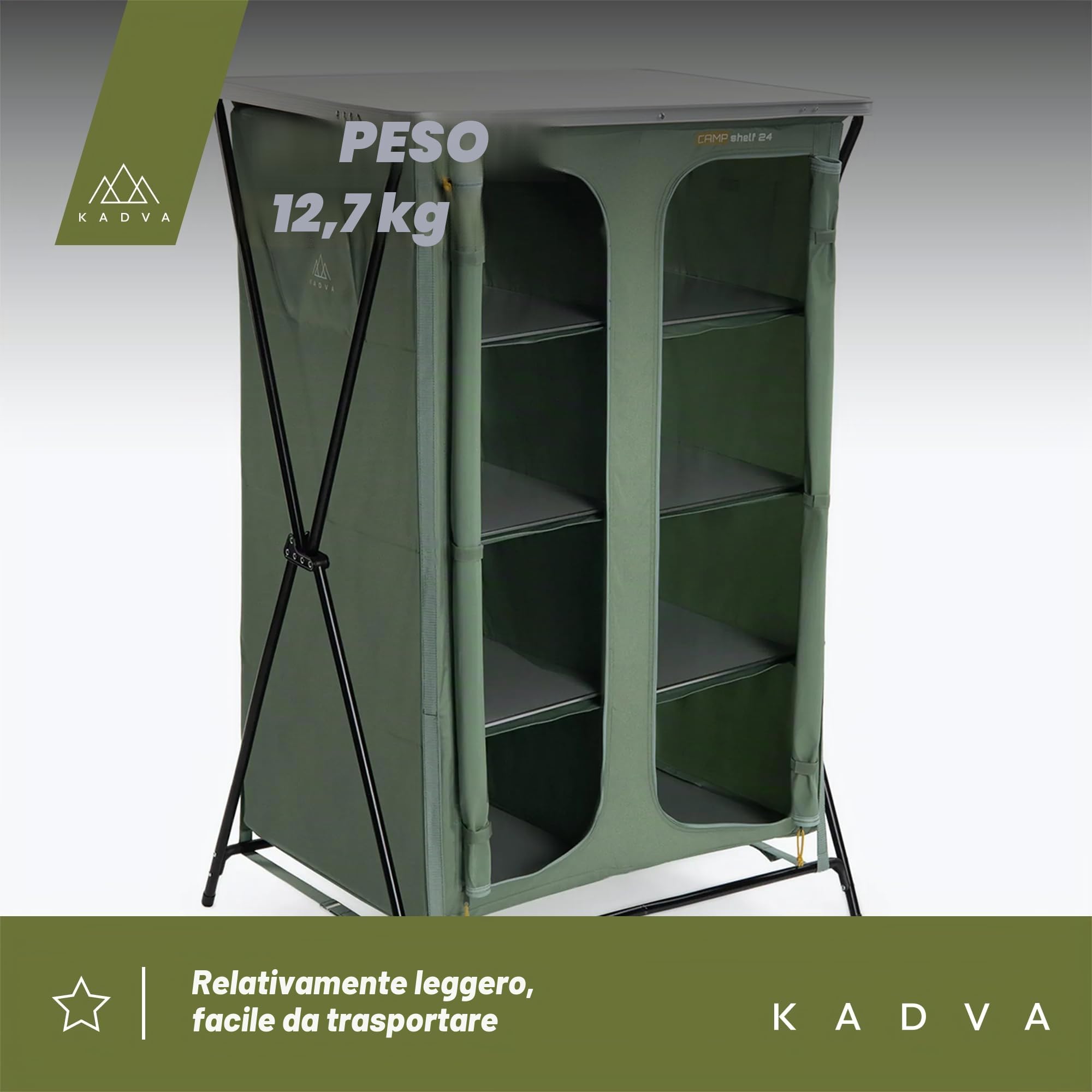 KADVA Mobile da Campeggio CAMPShelf 24 Dimensioni 66,5x90x139 cm Credenza da Campeggio Realizzato in Materiali Durevoli Costruzione Leggera e Stabile Facile da Montare e Trasportare