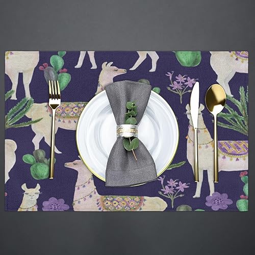 Miniatura 4 de Watercolor Llamas Cacti Flowers Placemats Set of 6 Fabric Placemats Square Placemat for Kitchen Table Heat Resistant, Easy to Clean Table Placemats