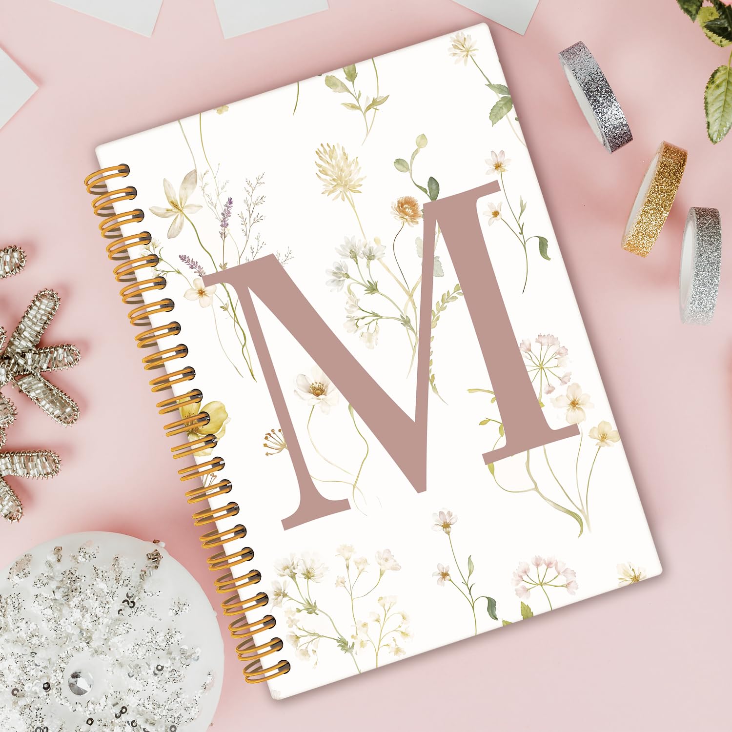 Cuaderno con letra M inicial, regalos monogramados para mujeres, diario para adolescentes, lindos cuadernos florales personalizados para mujeres, cuaderno de espiral de tapa dura de 5.5 x 8.3