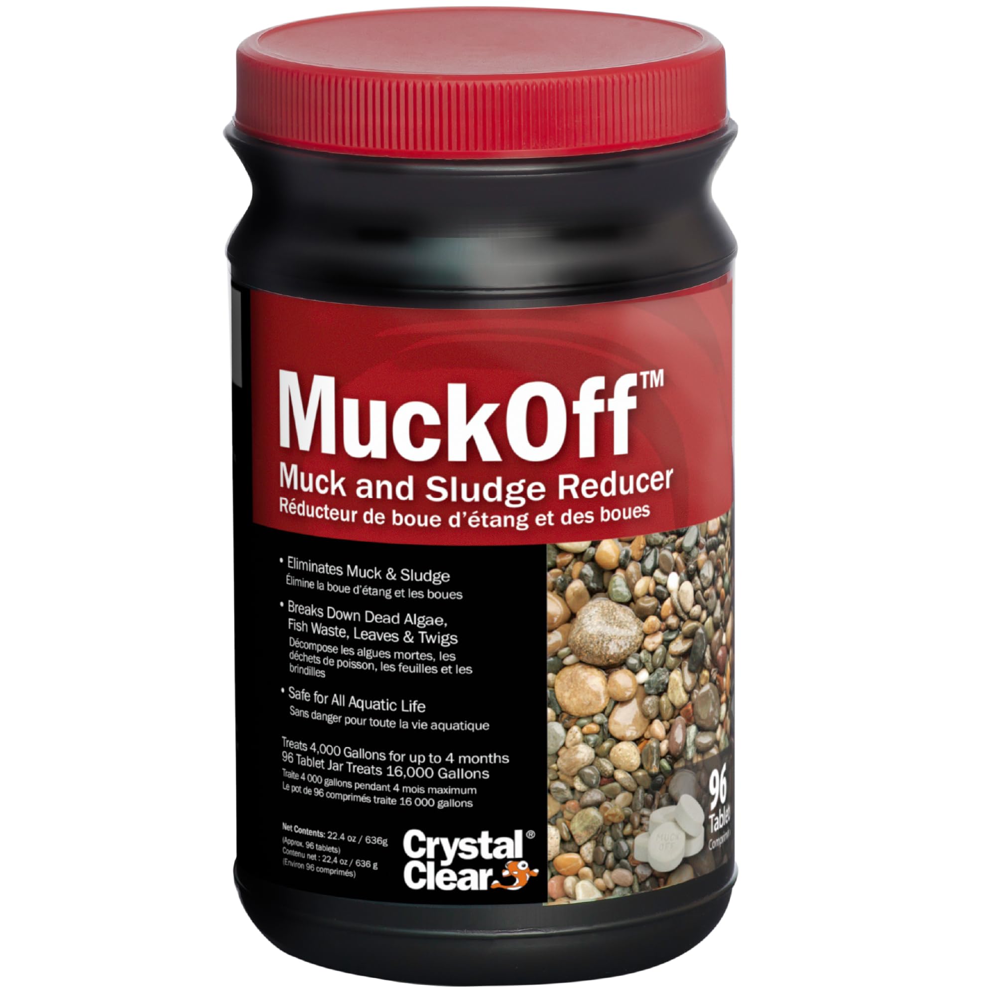 CrystalClearMuckOff, Natural Pond Muck Treatment, Water Garden, Fountain & Bird Bath Sludge Remover, Living Beneficial Bacteria Clarifier with Enzyme, Fish, Aquatic Animal, & Pet Safe, 96 Tablets