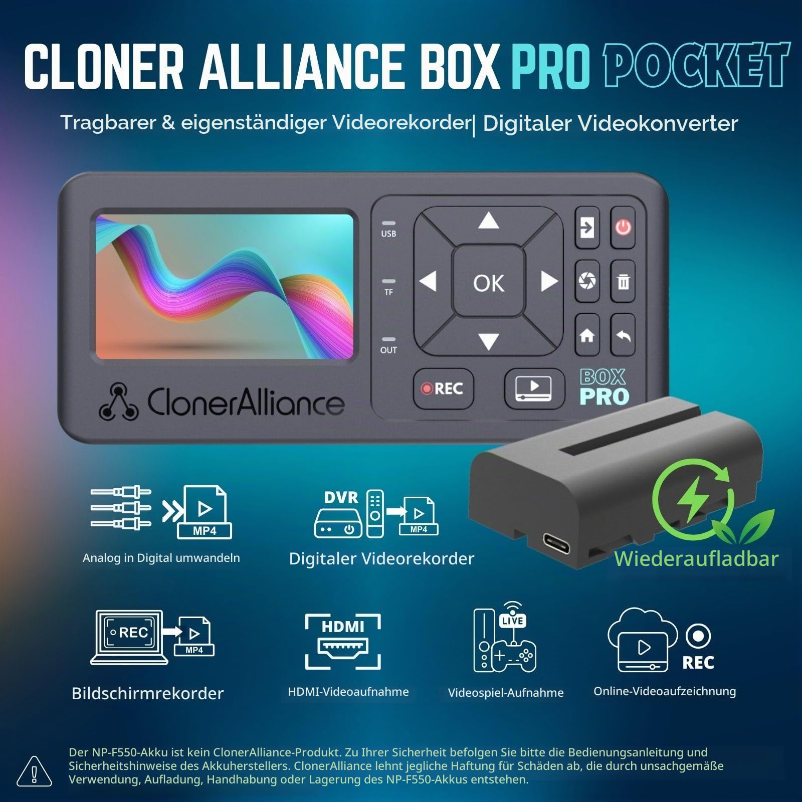 ClonerAlliance Box Pro Pocket, tragbarer 1080p60fps-Videorecorder und -konverter mit integriertem Bildschirm, Batteriestromversorgung und Unterstützung für HDMI-, RCA-, YPbPr- und VGA-Eingänge.