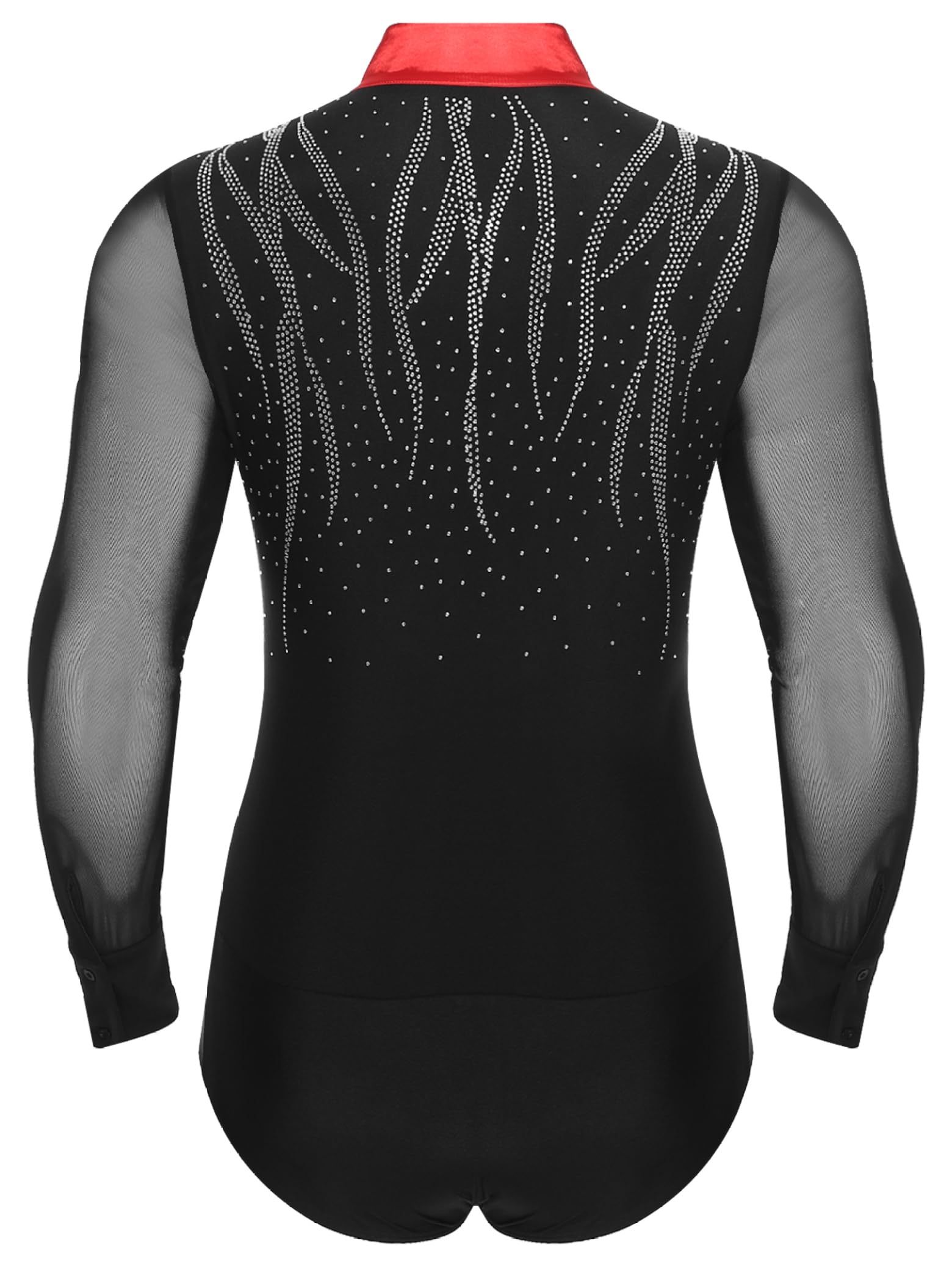 Camisa de baile latino para hombre, manga larga, cuello en V, retazos de malla brillante, body con diamantes de imitación estándar jazz salón de baile traje de leotardo