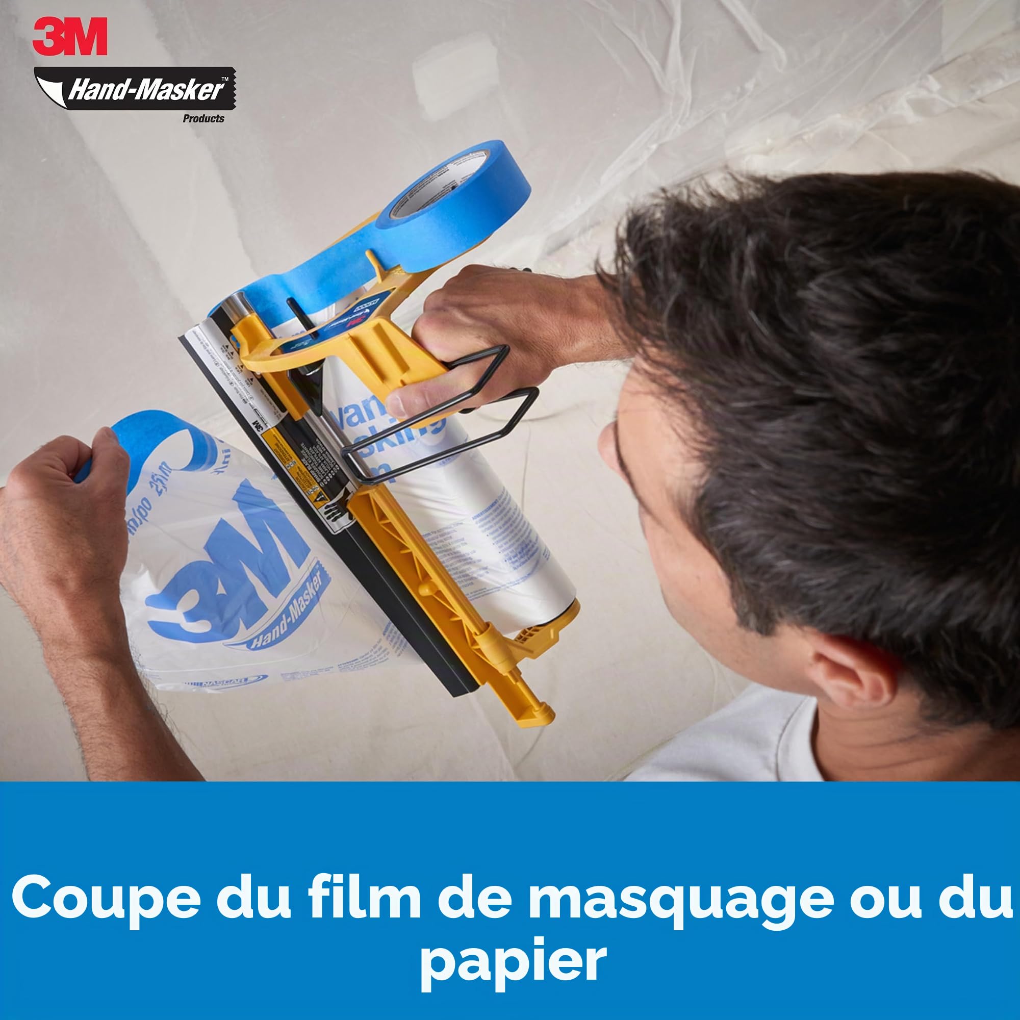 3M Hand-Masker M3000 Kit Film de Masquage et Ruban Adhésif Préassemblés - Parfait pour Fenêtres, Portes, Baignoires et Autres Surfaces - Protection Maximale contre les Éclaboussures de Peinture