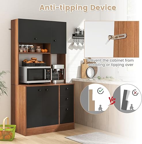 Miniatura 8 de Giantex despensa de cocina bufé con 3 armarios de almacenamiento armario grande de 71 pulgadas con 3 cajones profundos encimera ancha estantes