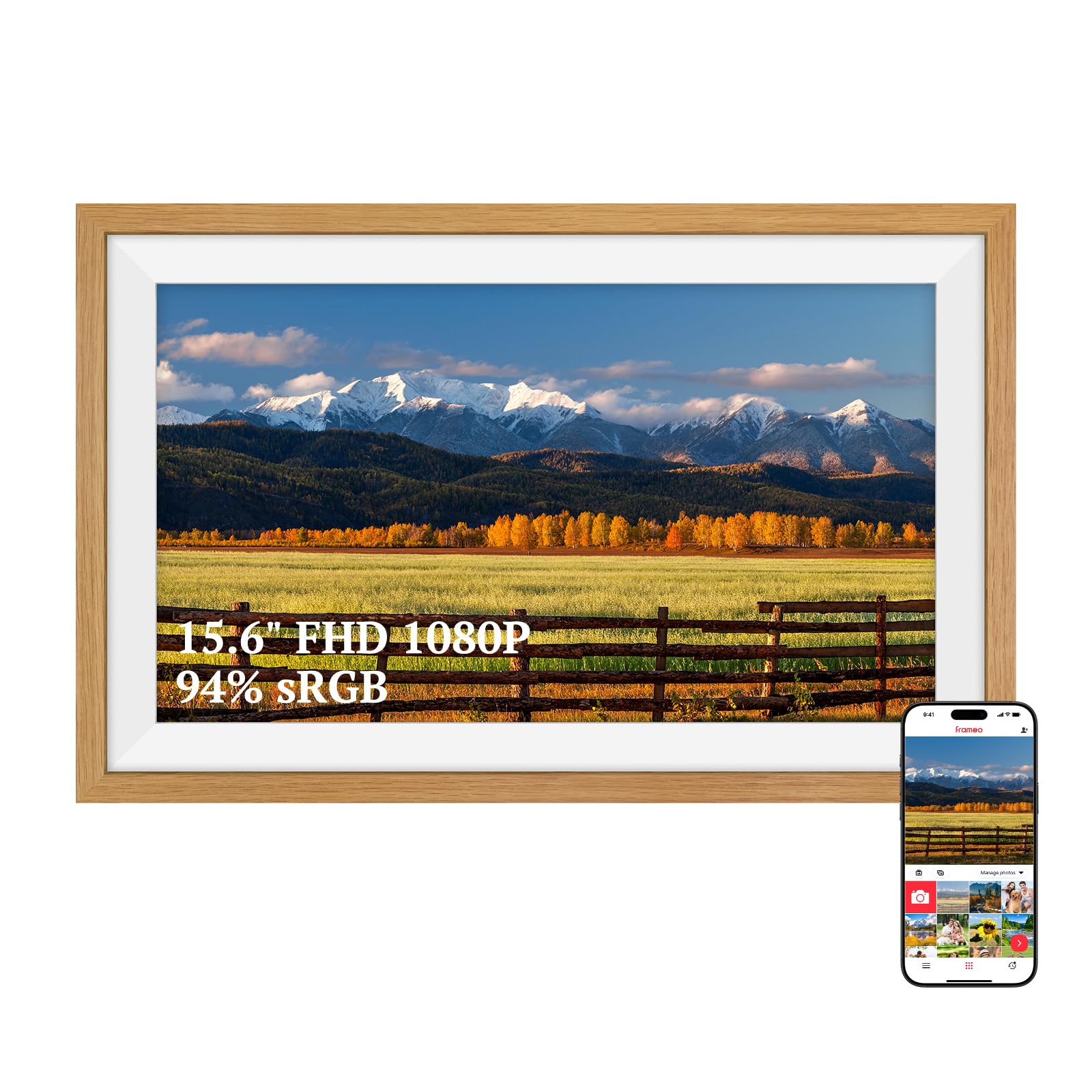 Frameo Cornice Digitale Foto Legno di Rovere 15.6 Pollici WiFi, Memoria da 32 GB, Touchscreen IPS FHD, Condividi Foto Video Tramite l'app Frameo, Regalo da Donna Uomo