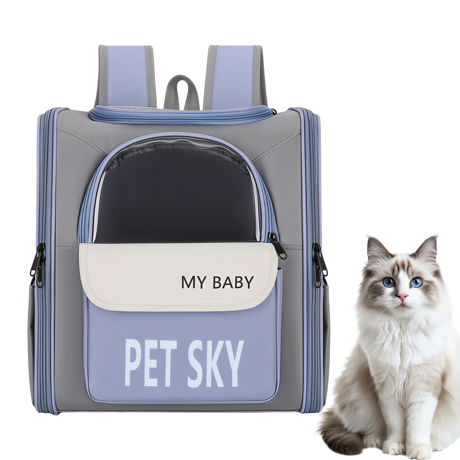 Cat Carrier Backpack, Breathable Pet Backpack for Cat & Small Dog 7 Kg, Foldable Cat Rucksack with Front Zipper Storage & Inner Safety Lead