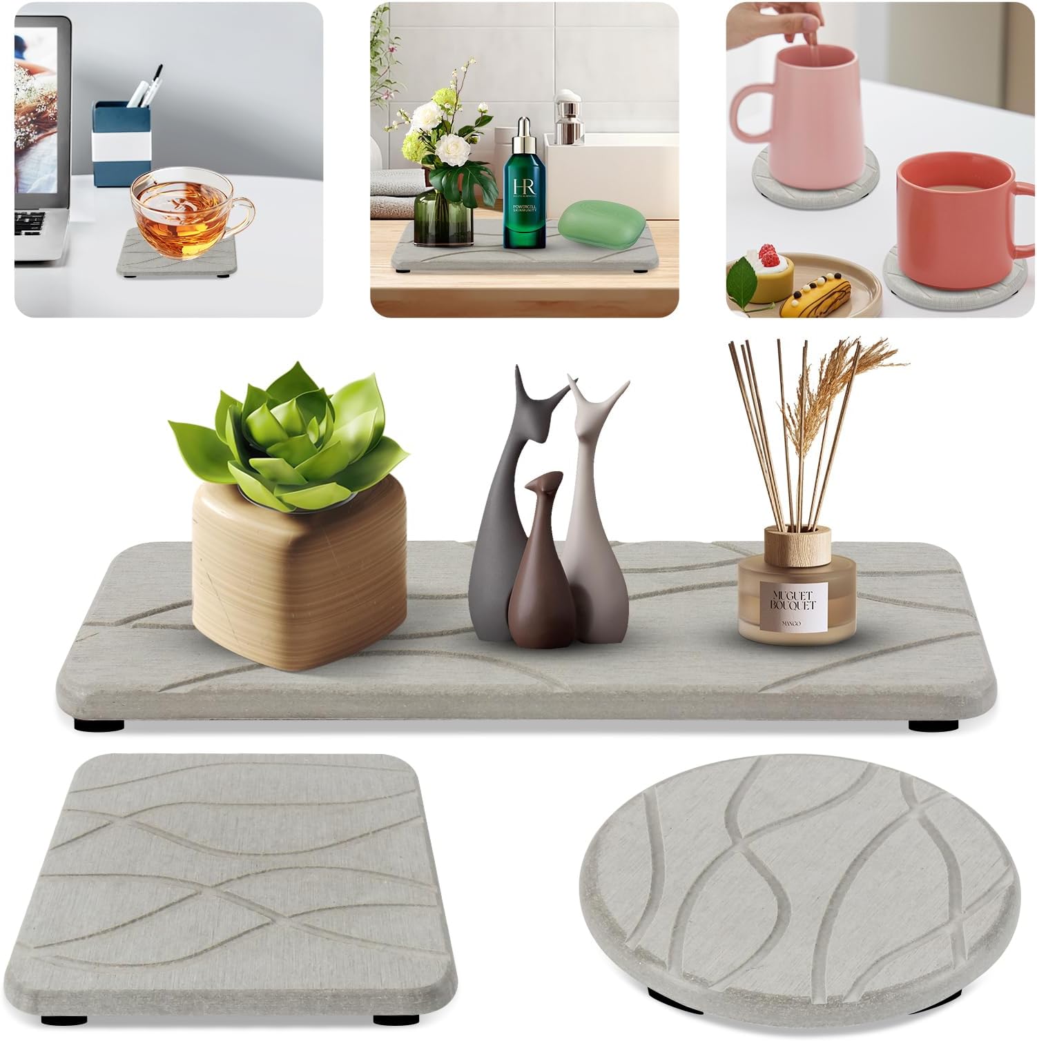 Razborci 2 Pack Fast Drying Water Absorbing Diatomite Stone Mat Tray Kitchen Bathroom Counter Instant Dry Sink Caddy Organizer Vanity Holder Soap Spo