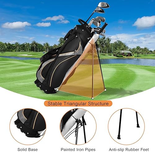 Miniatura 5 de GYMAX Bolsa de soporte de golf, bolsas de carrito de golf con divisor de 8 vías, capucha para lluvia y correas de hombro dobles, bolsa de club