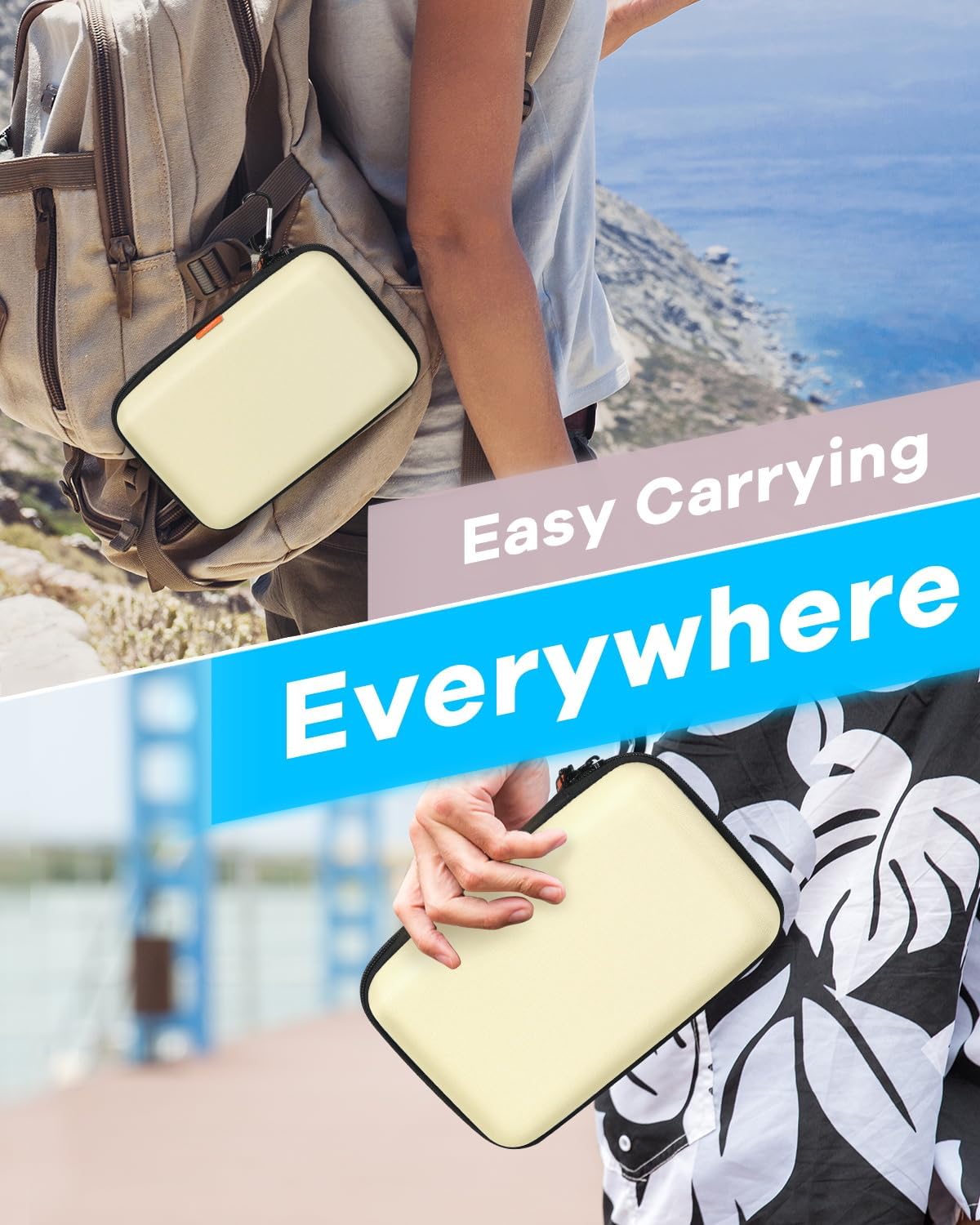 Large Hard Carrying Case - Universal Electronic Organizer Storage Case Bag - Gray-Green + Light-Beige + Gentle-Pink