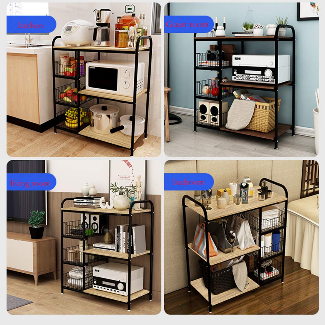 ZYFA Carrello Cucina a 3 Piani Servizio,Scaffale Portaoggetti Mobile,Carrello Portaoggetti Multiuso, Salvaspazio Scaffale Rete Metallica Contenitori, in Legno Robusto Rotolamento,4 Ruote Girevoli