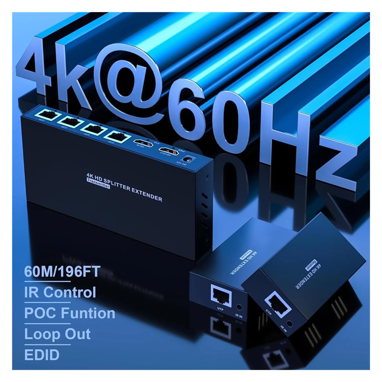 4K 60Hz Extender Splitter 1x4 3D RJ45 60m Ethernet Transmission Over CAT5e/6/7 4 Channel 1 Loop Out