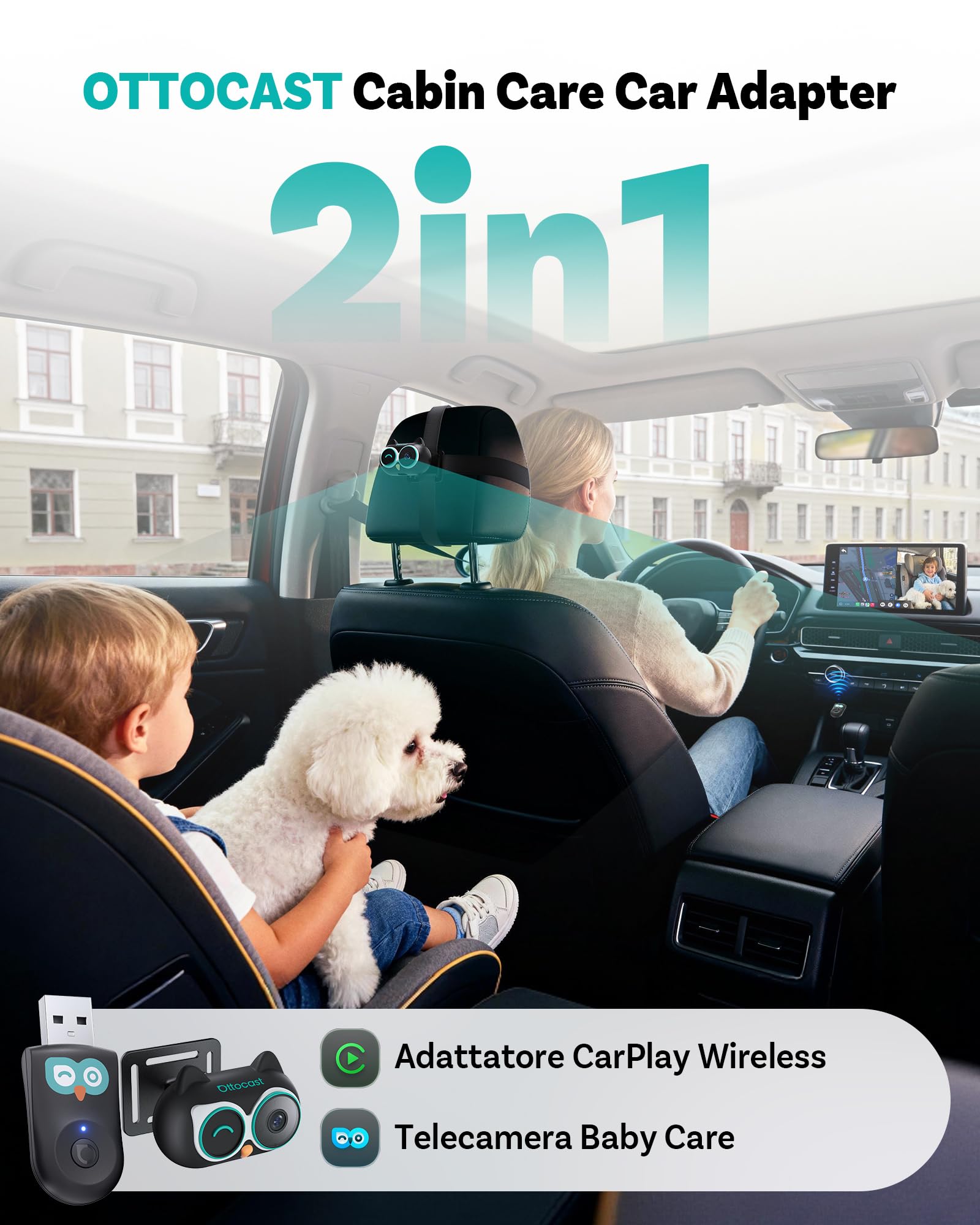 OTTOCAST Cabin Care 2026, 2-in-1 Adattatore CarPlay Wireless & Telecamera Bebè Auto 1080P, Visione Notturna IR, Grandangolo 150°, Monitor Sedile Posteriore, Compatibile con Auto CarPlay Cablate 2016+