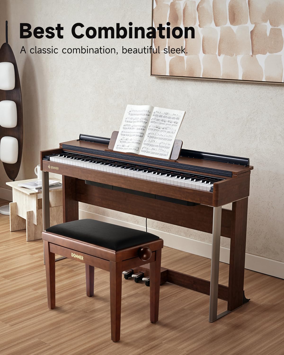 Donner Tabouret de Piano Réglable - Banc de Clavier en Bois Massif avec Coussin en Éponge Haute Densité, Tabouret de Piano en Bois avec Dispositifs de Levage en Métal, Marron Mat