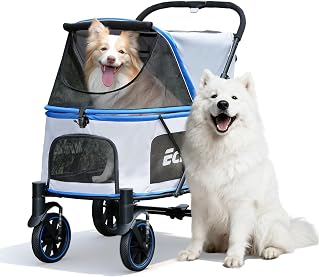 EchoSmile Dog Stroller for Large Dogs, 135lbs Weight Extra Large Pet Stroller, 4 Wheels Cats & Dogs Carrier with Brakes, Breathable Mesh Windows & Pocket, Blue