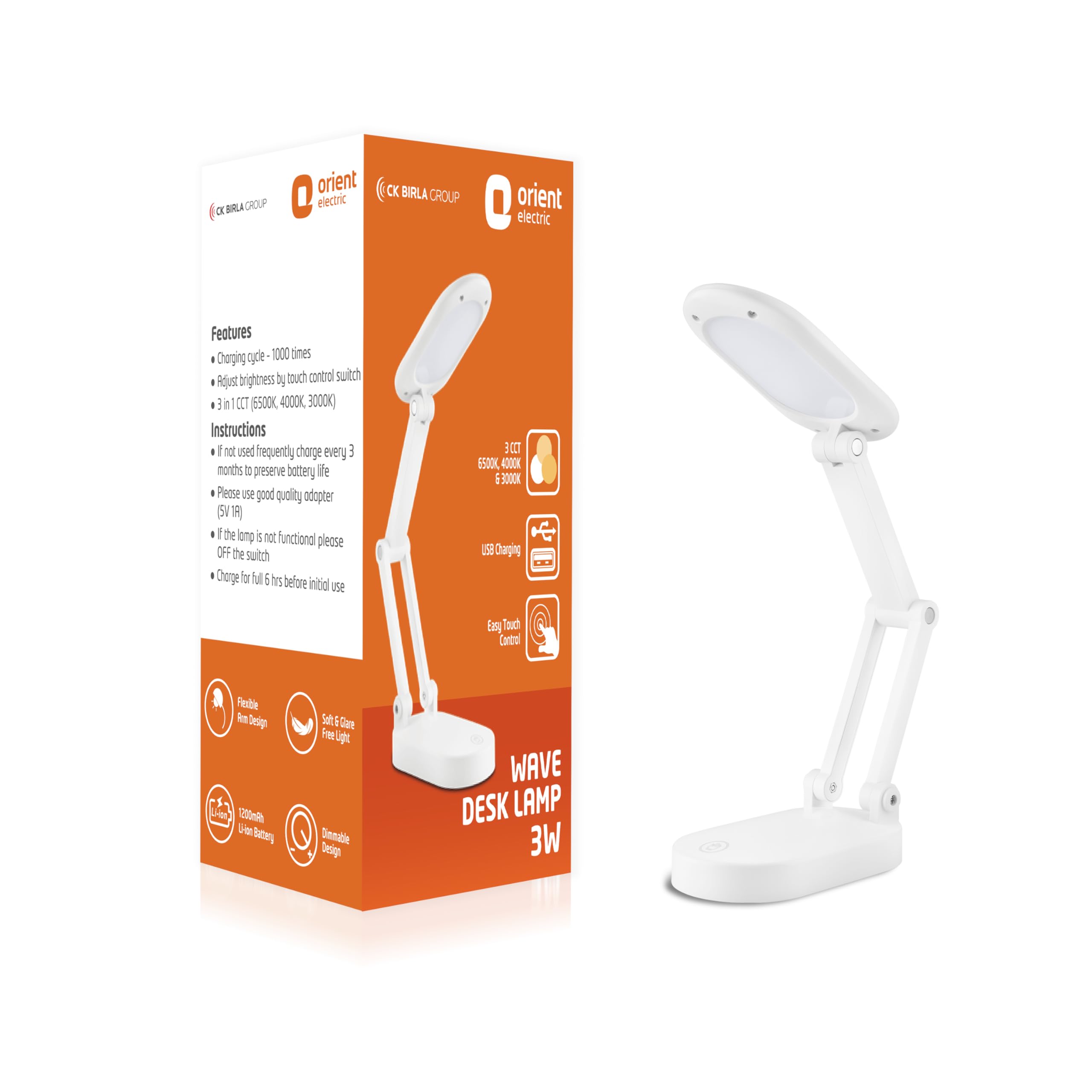 Orient Electric 3W Rechargeable LED Wave Table Lamp with 3 Grade Dimming Light | Adjustable Desk Lamp for Study |3 in 1 Color Changing (Cool White, Warm White & Natural Light) | Pack of 1-image-29