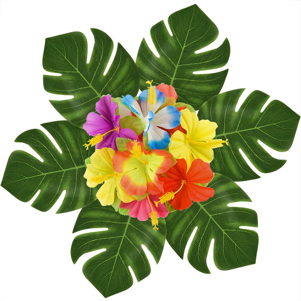 Kuuqa 88 szt. 20 cm Tropikalne liście palmowe i jedwabne kwiaty hibiskusa dekoracja imprezowa sztuczna monstera roślina liście kwiaty hawajska impreza luau dżungla plaża motyw grill przyjęcie
