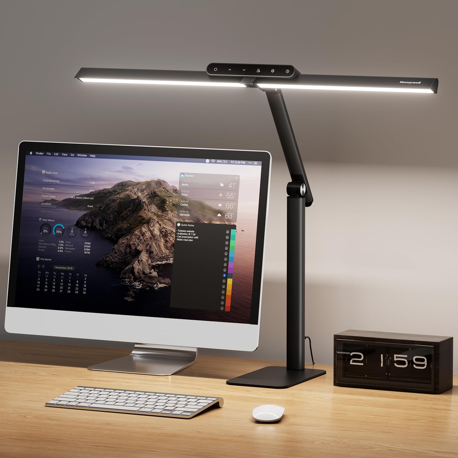 Honeywell LED Desk Lamp with Base - HJ1BK Sunturalux Eye-Caring Architect Desk Lamp for Home Office, 1200LM Computer Desk Light 4 Color Modes Stepless Dimming Task Desk Light with Timer Black [Energy Class F]