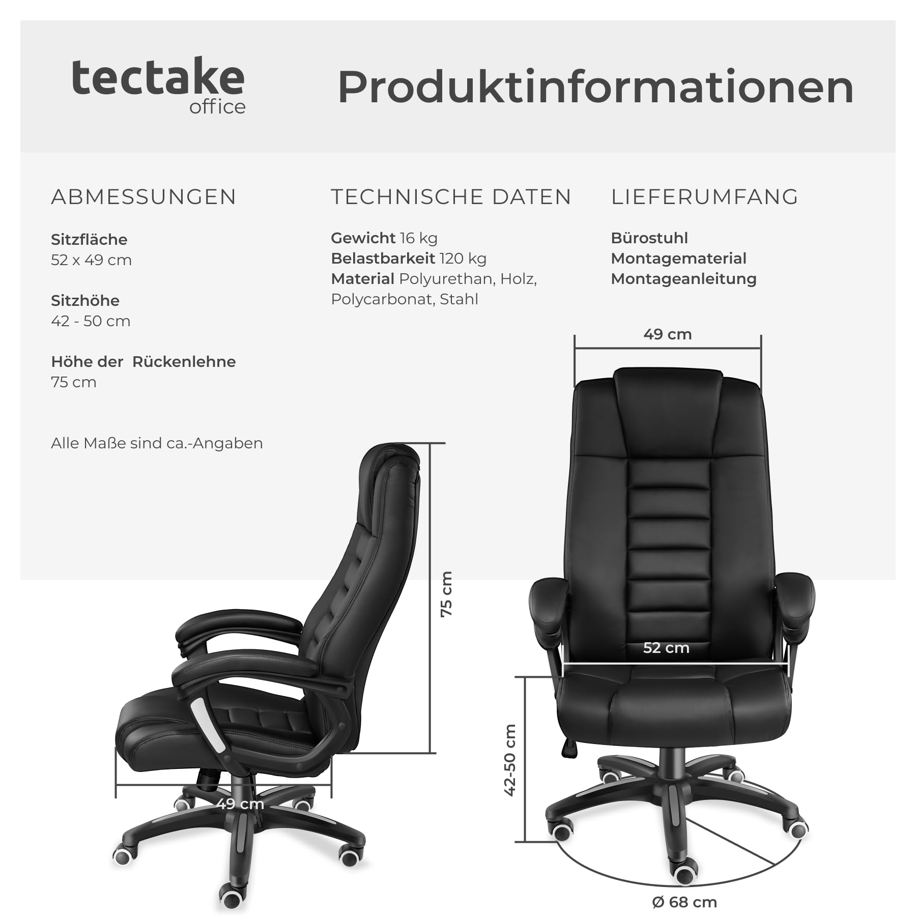 tectake® Bürostuhl, Chefsessel, Drehstuhl mit Rollen, Computerstuhl, höhenverstellbarer Schreibtischstuhl, ergonomischer Bürostuhl aus Kunstleder, Armlehnen & Wippfunktion, 12 cm Polsterung - schwarz
