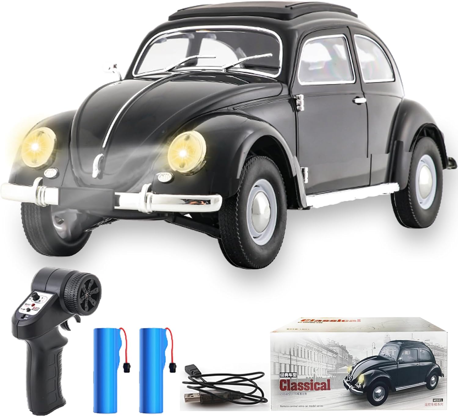 Remote Control Car, 1:16 Scale Classic Beetle 1950 Model Toys Car for Teens, 2.4GHz 4CH RC Car Rear Wheel Drive with LED Ligjhts and Rechargeable Battery, Birthday for Teens Adults
