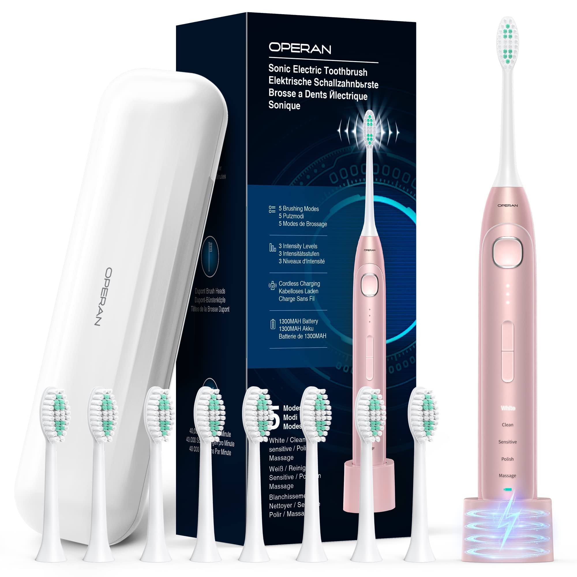 OperanElectric Toothbrush for Adults and Kids Sonic Rechargeable Toothbrush with 5 Modes 2-Min Smart Timer IPX7 Waterproof 40,000 VPM Motor with 8 Brush Heads & Travel Case (Pink)