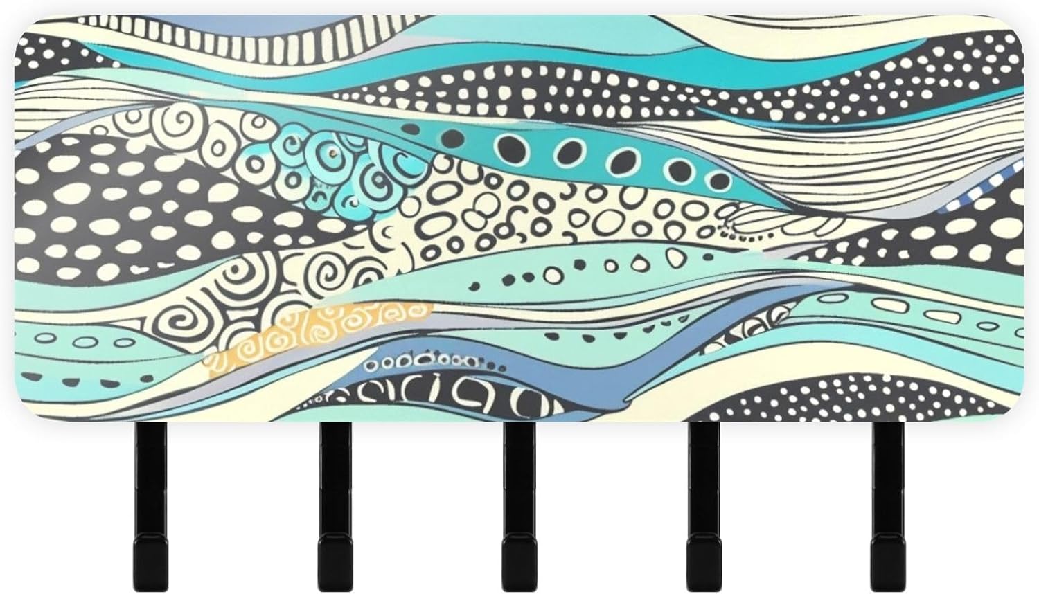 Colorful Doodle Art Key Holder Wall Mount with Mail Organizer & 5 Self-Adhesive Hanging Kitchen Decor Key Rack