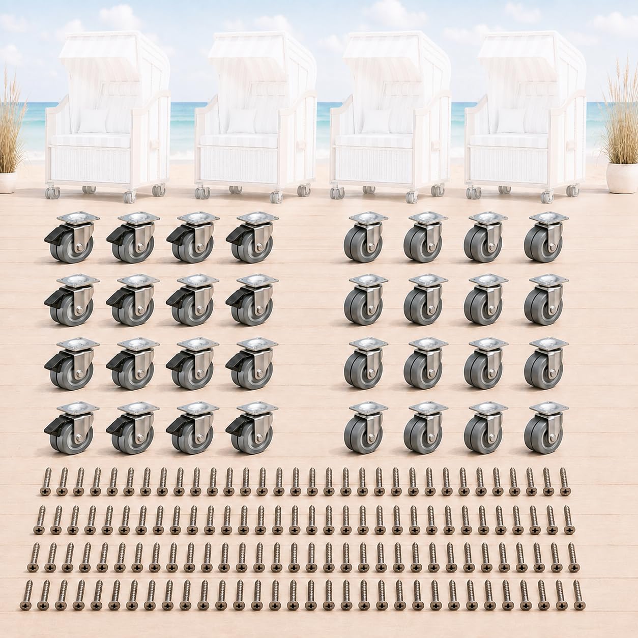Set di 16 ruote per poltrona da spiaggia con freno, portata 1280 kg, ruote doppie da 50 mm con viti, non danneggiano il pavimento, per sedie da spiaggia, pallet e lounge (8 con blocco, 8 senza)