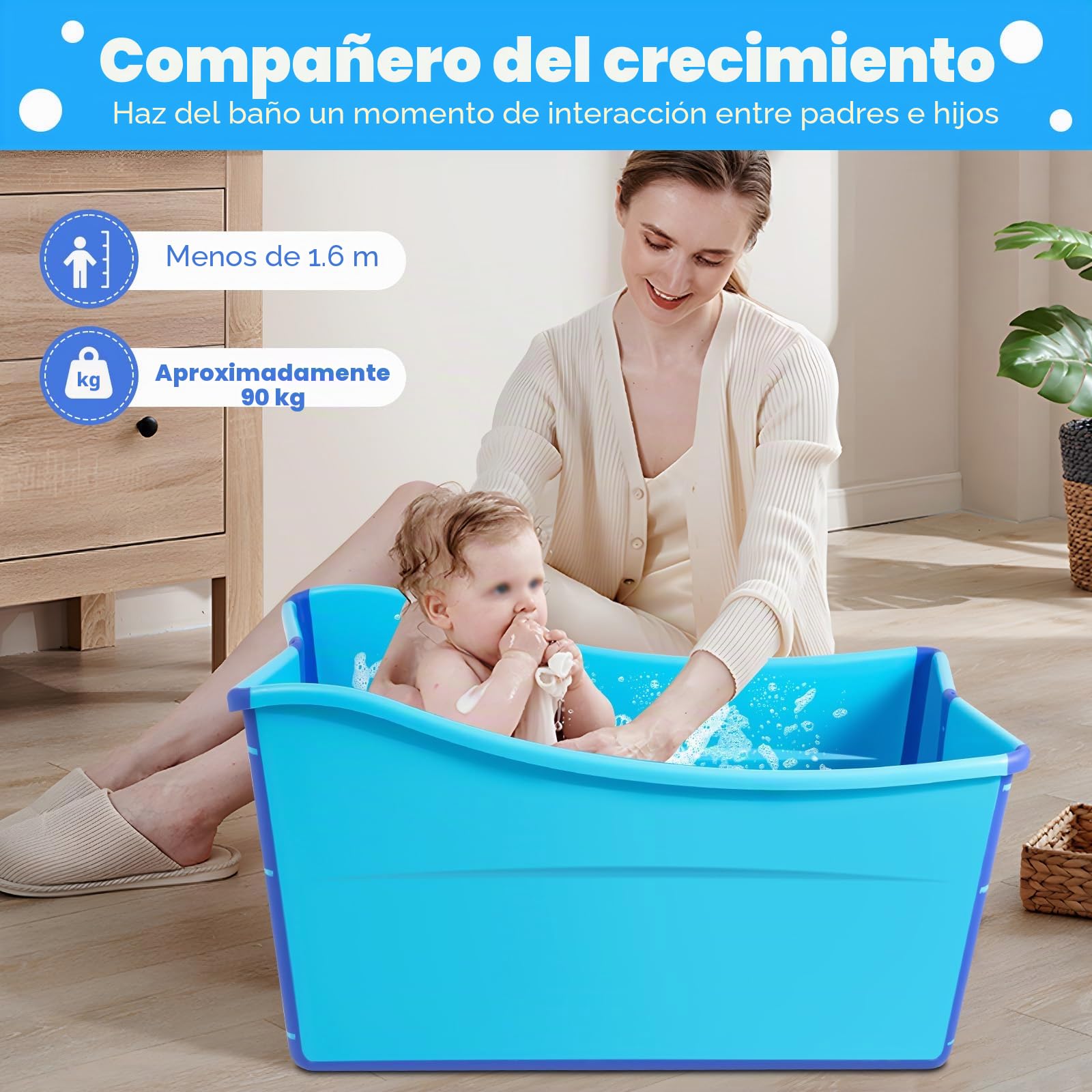 Bañera plegable para adultos, plegable, construcción ligera, resistente, fácil de guardar Gran familia para ducha SPA, menos de 1,6 m personas, capacidad de carga 90 kg, azul
