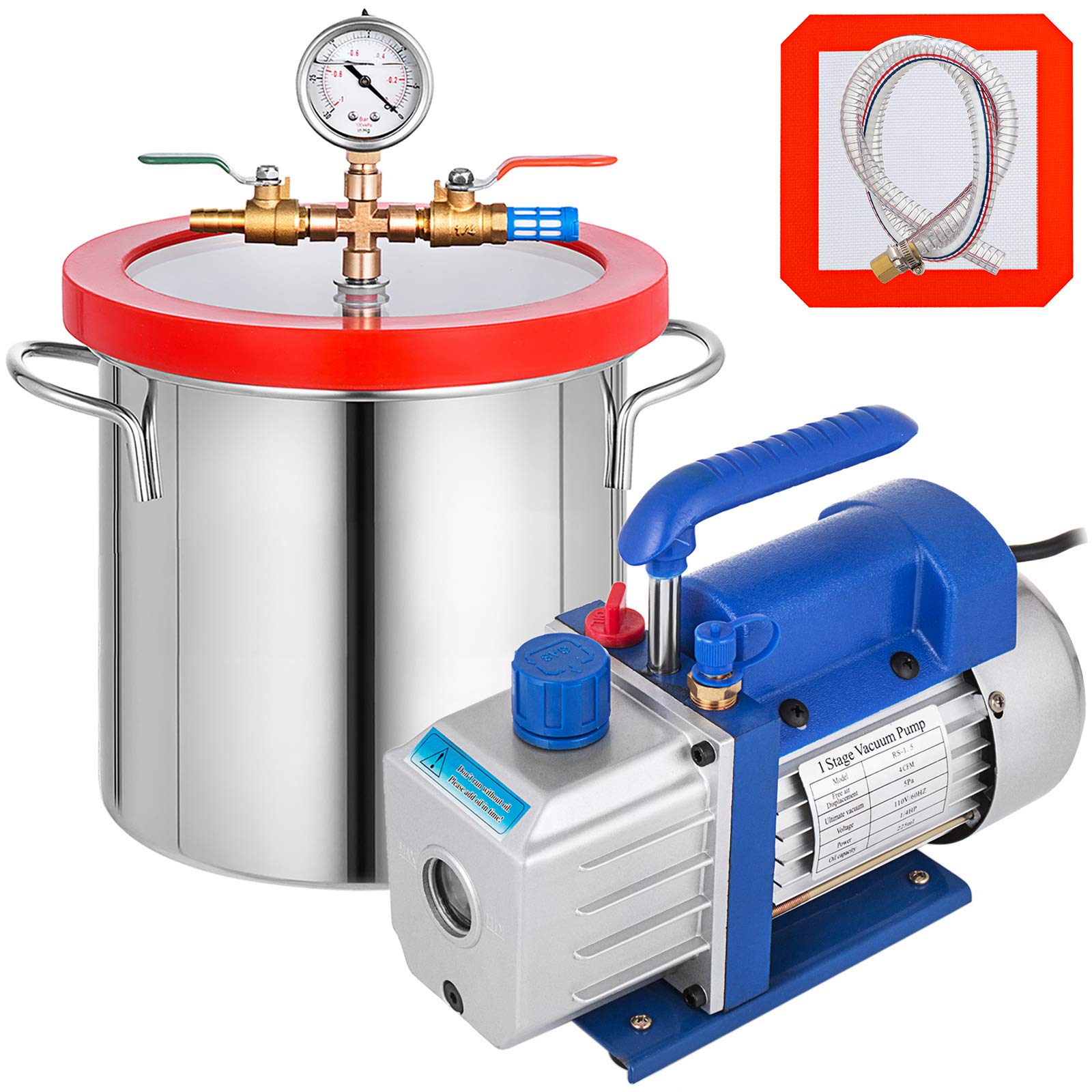 VEVOR Vacuum Chamber with Pump, 4CFM 1/3HP Vacuum Pump with High-Capacity 2 Gallon Vacuum Chamber, Vacuum Pump Chamber Kit Vacuum Degassing Chamber Kit