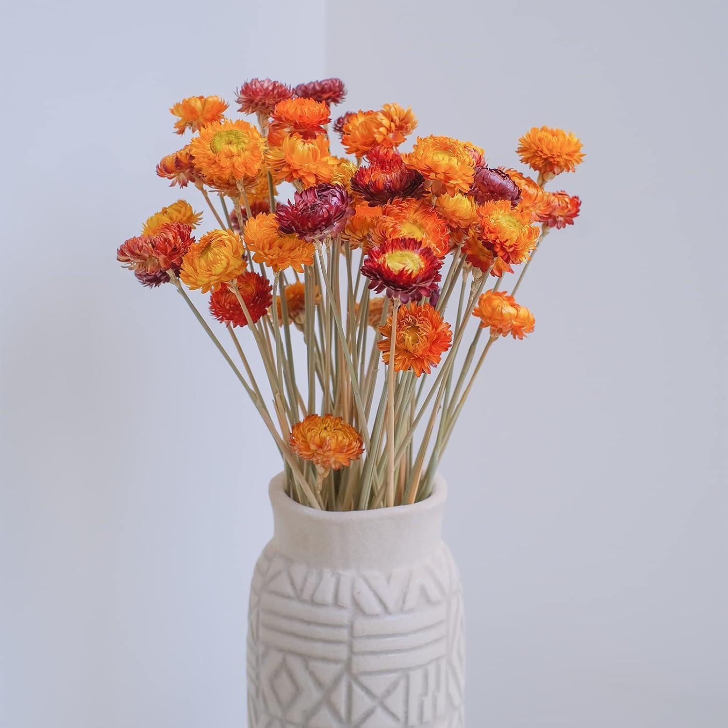 Natural Dried Straw Flower Bouquet, 20 pcs, Fall Color Daisies for Vase, Rustic Orange Yellow Fall Color Daisy 20pcs