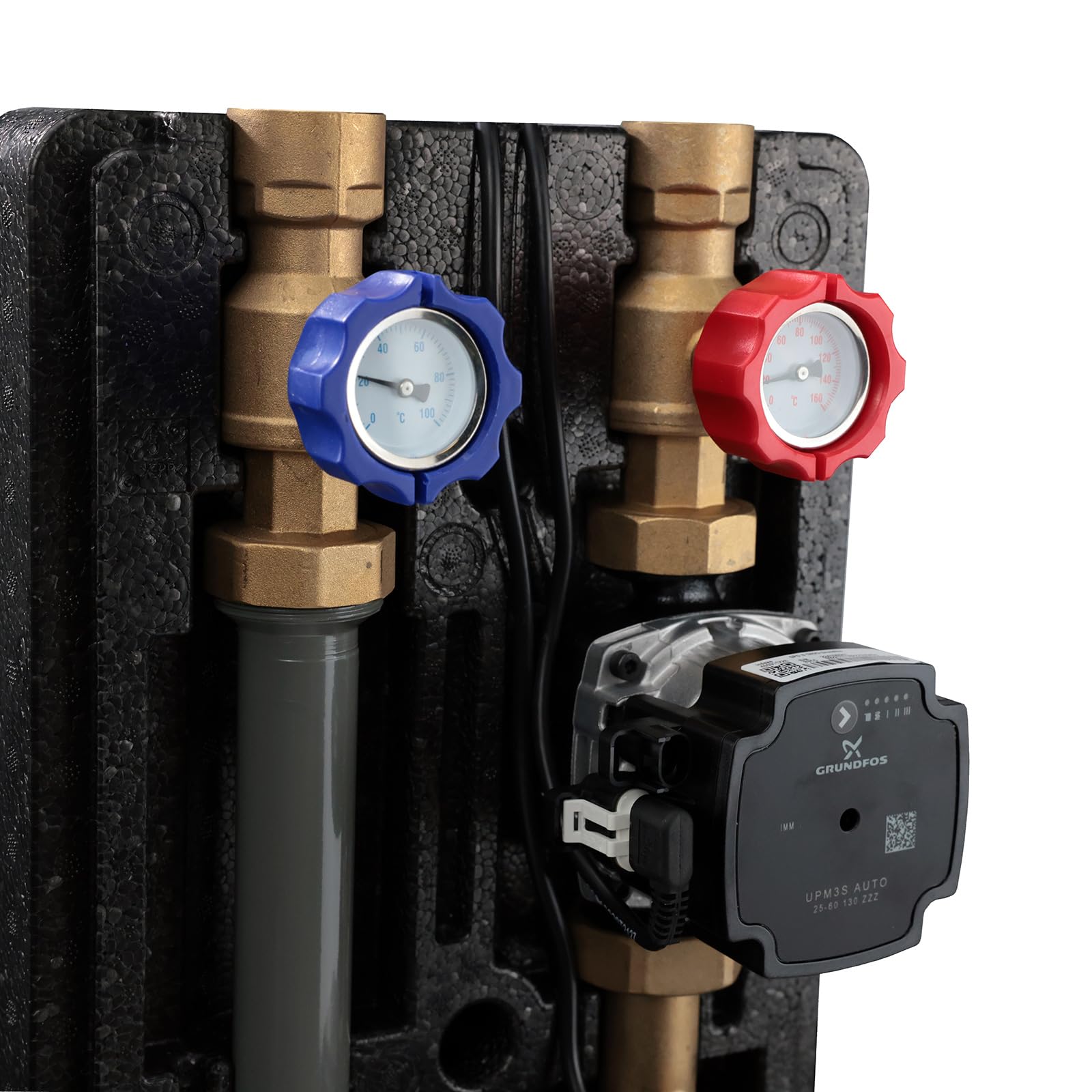 SUNEX® Pumpengruppe für Heizkreis GPO DN25 mit GRUNDFOS UPM3S Auto 25-60 Umwälzpumpe – Heizkreisstation mit Wärmedämmung, Thermometern & Rückschlagventil, AG 1½″ / IG 1″, max. 6 bar, 90 °C