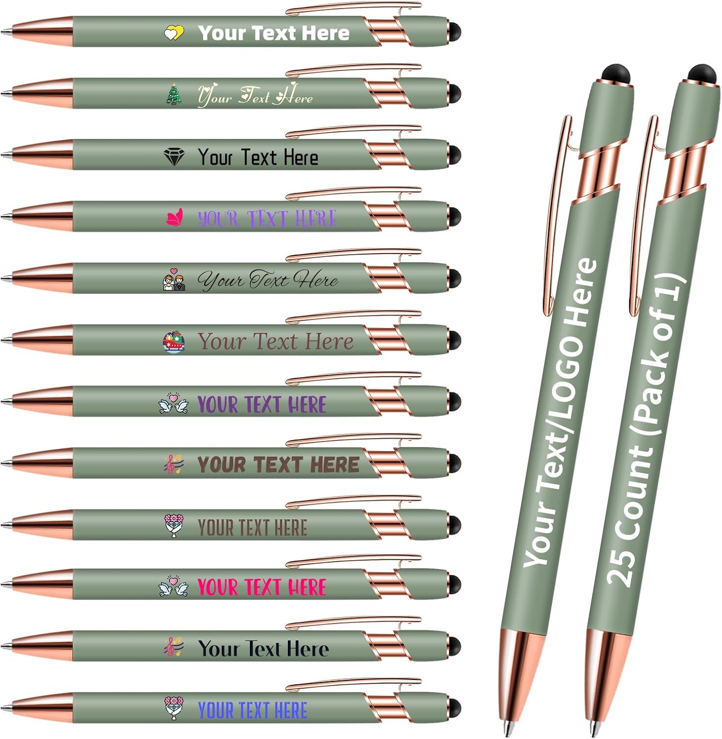 Personalized Pens with Stylus - Morandi Custom Printed Name Pens with Black Ink - Imprinted with Logo/Message - Great Gift for Office, Teachers, and Students,55 count/Pack,Morandi Green