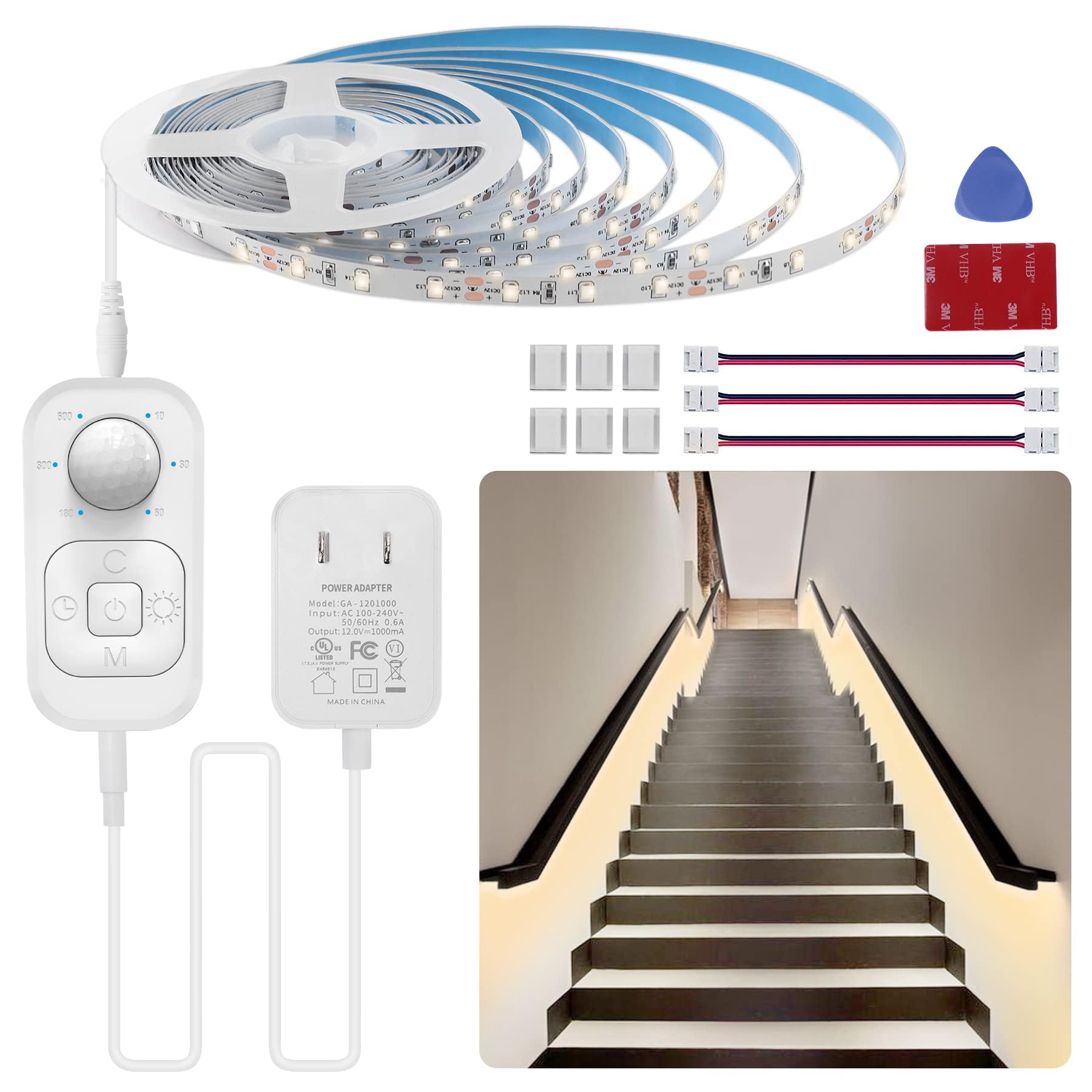 Motion Sensor Lights Indoor Plug-in LED Step Lights Strip with Power Timer Dimmer Multi-Functional Controller for Stairway Kitchen Cabinet Bedroom Corridor Washroom Counter Shelf Showcase
