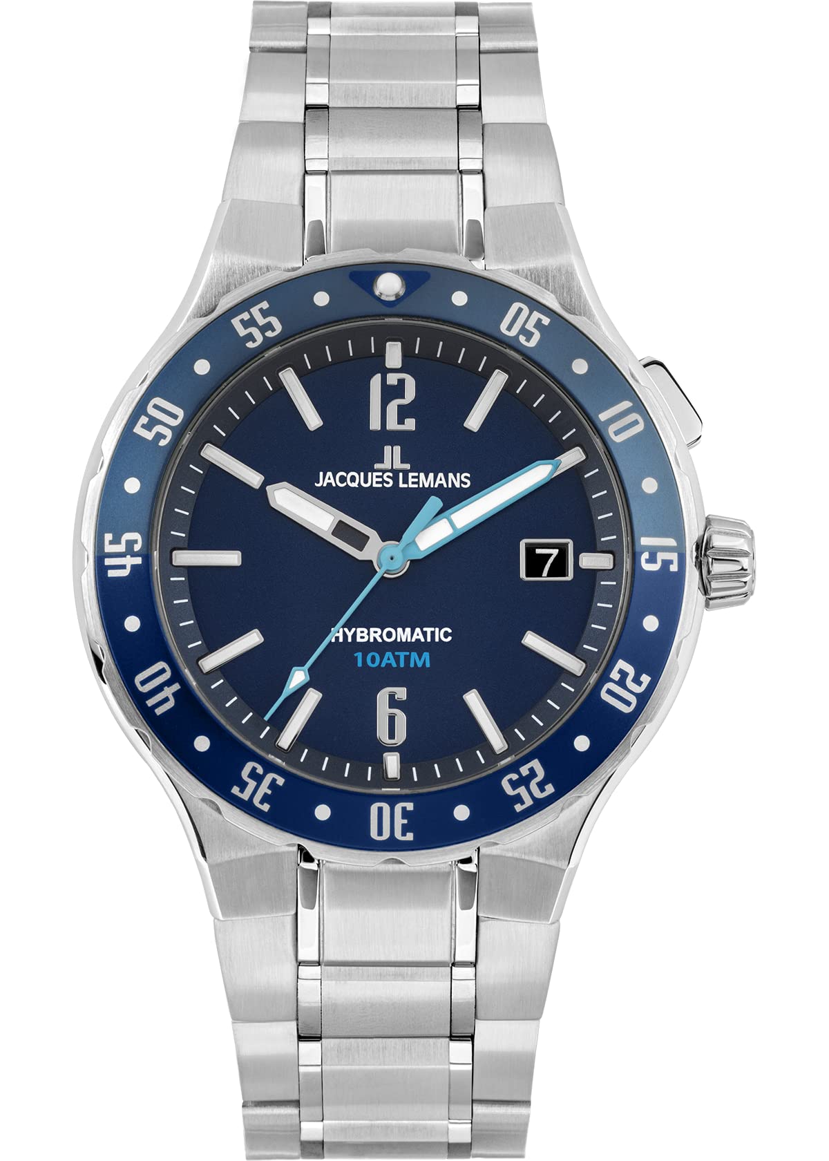 JACQUES LEMANS Zegarek męski, Hybromatic zegarki męskie, chronograf z masywnej stali nierdzewnej z silikonową bransoletką, model 1-2109