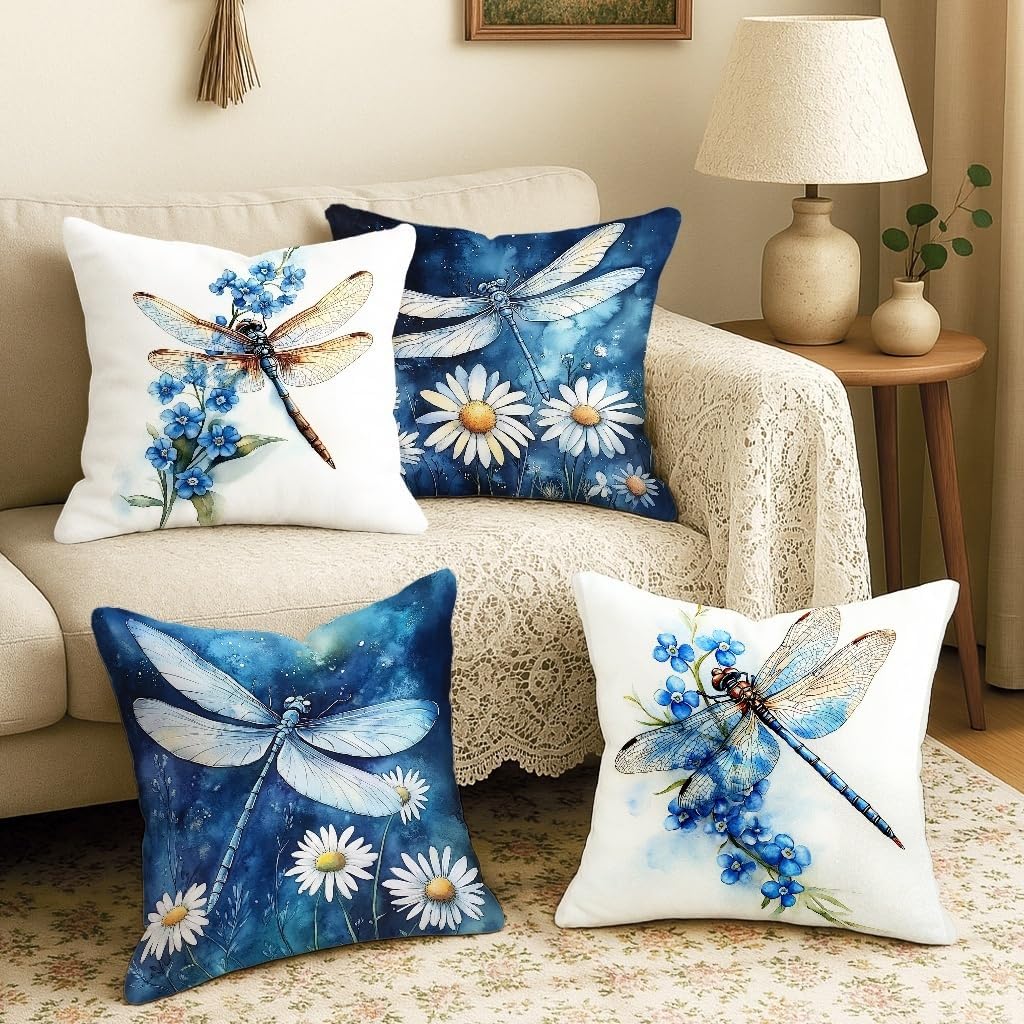 Dragonfly Throw Pillow Covers Set of 4, Nature Fanciful Chrysanthemum Spring Blue Soft Velvet Washable Cushion Covers Pillow for Living Room Bed Office Sofa Chair Decor 20x20 Inch